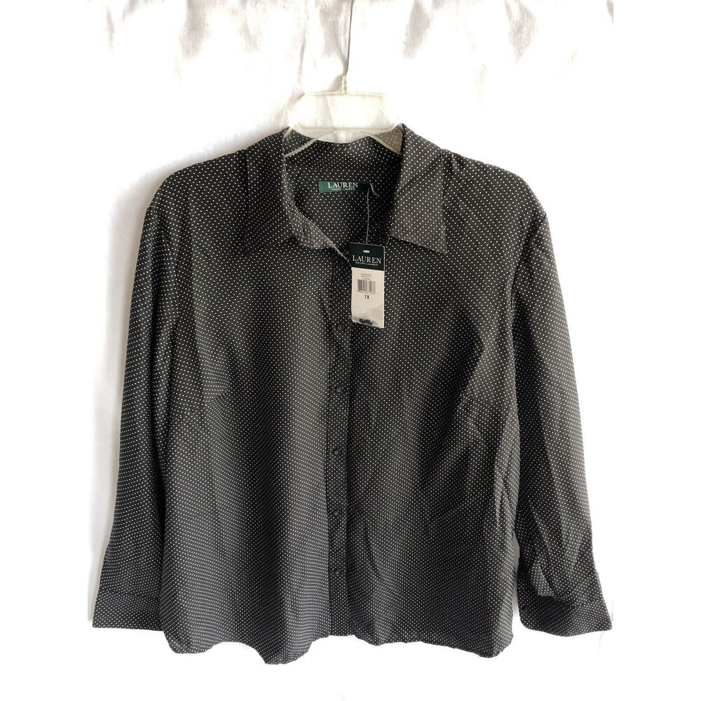 NWT Lauren Ralph Lauren Black Polka Dot Long-Sleeve Button Up Shirt, Blouse, XL
